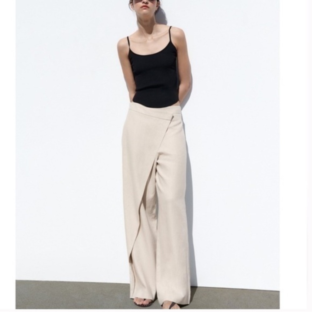 Zara Cream Wide-Leg crossover asymmetrical pants